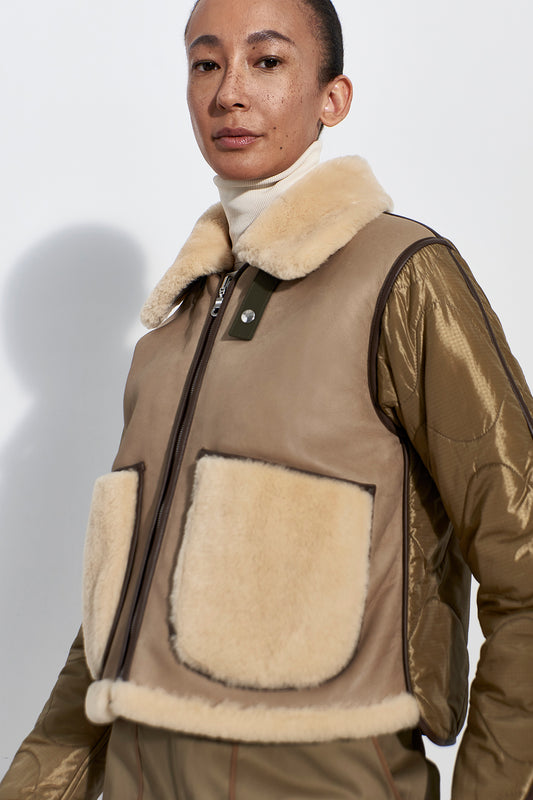 Taupe Buttermilk and Olive Cropped Aviator Jacket