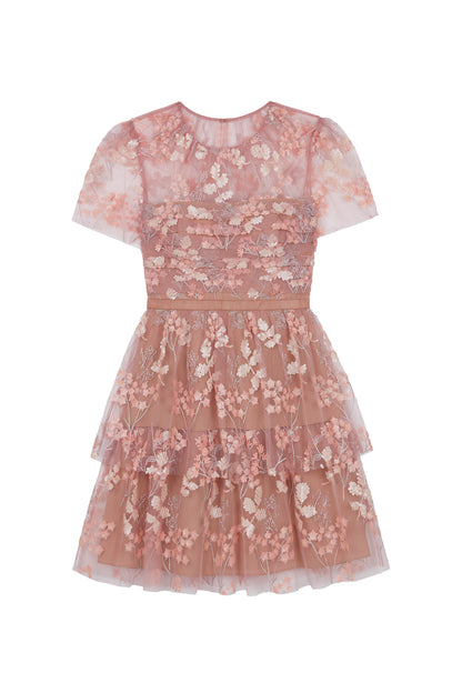 Pink Flower Mesh Tiered Mini Dress