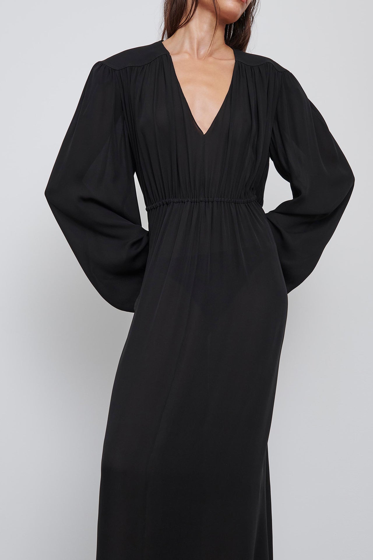 Black Gathered V-Neck Dress