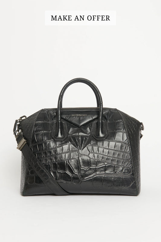 Antigona Black Crocodile Embossed Preowned Bag