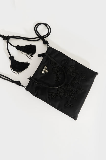 Floral-Beaded Nylon Bag in Black