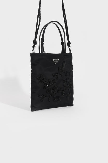 Floral-Beaded Nylon Bag in Black