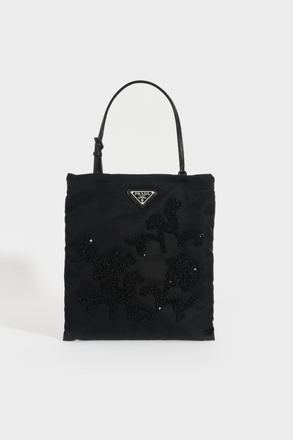 Floral-Beaded Nylon Bag in Black