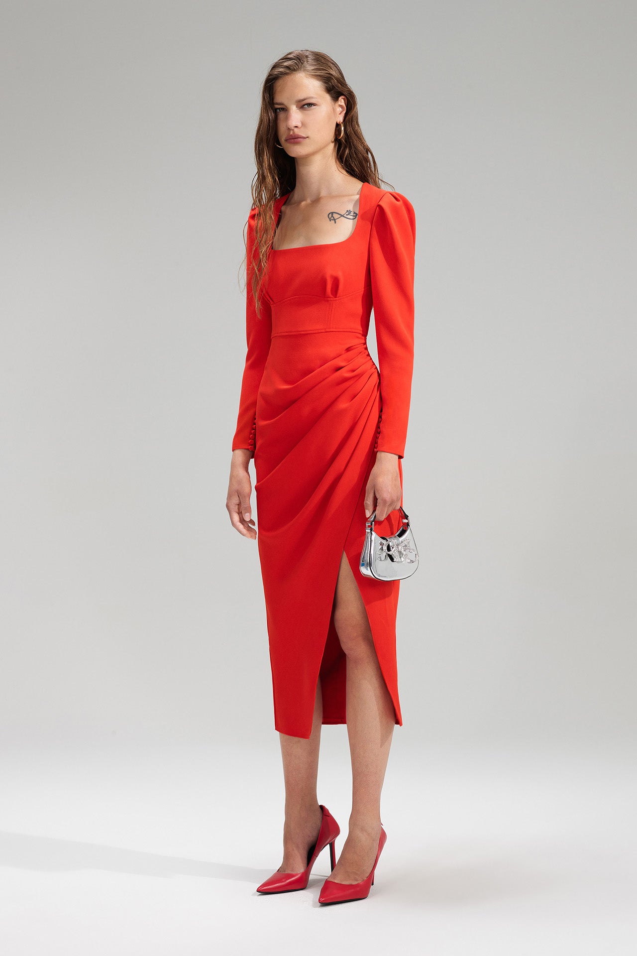 Red Crepe Ruched Midi Dress