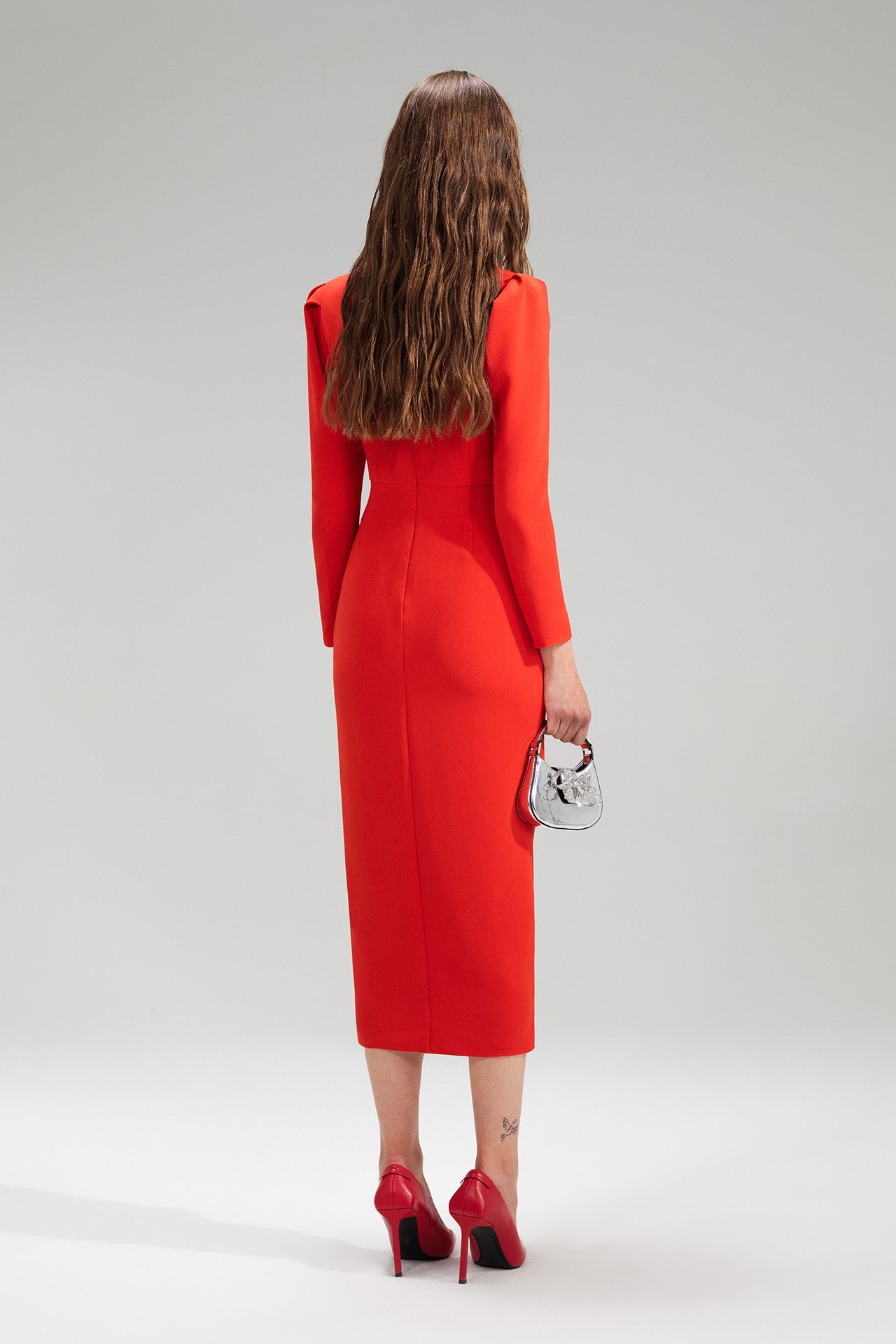 Red Crepe Ruched Midi Dress