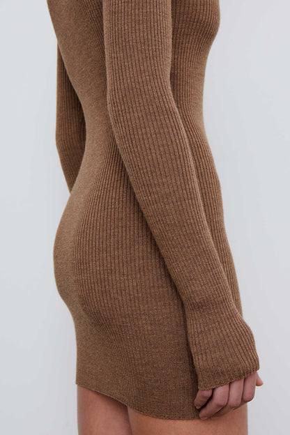 Brown Ribbed Long Sleeve Dress Mini