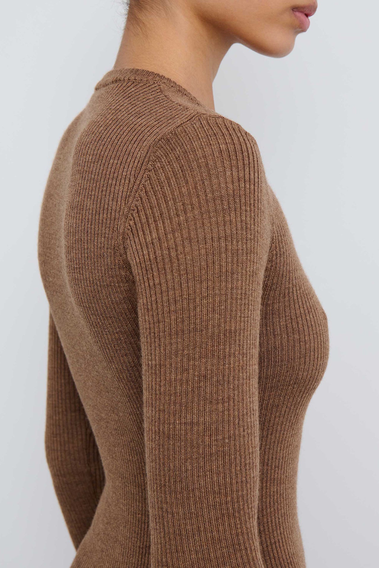 Brown Ribbed Long Sleeve Dress Mini