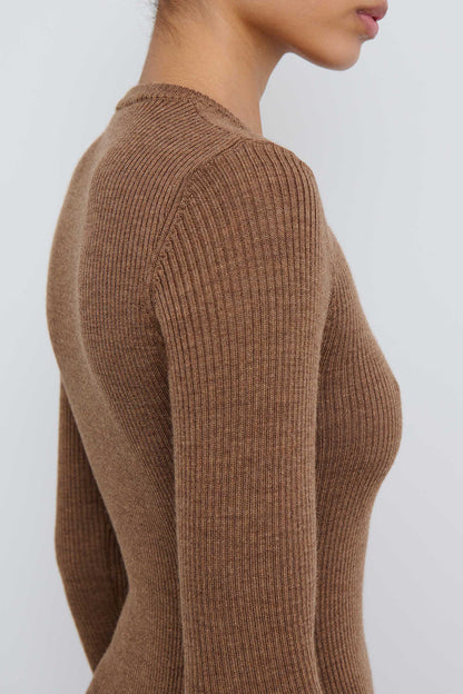 Brown Ribbed Long Sleeve Dress Mini