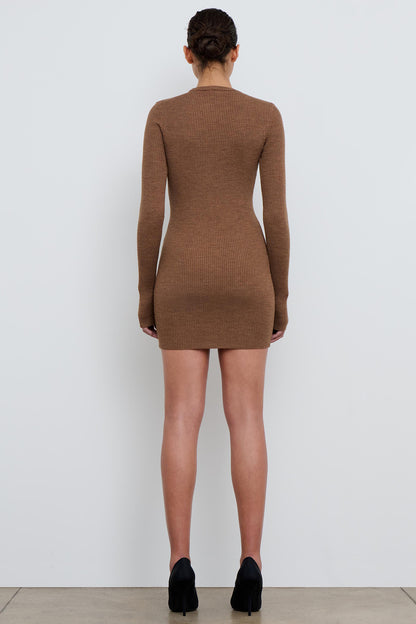 Brown Ribbed Long Sleeve Dress Mini