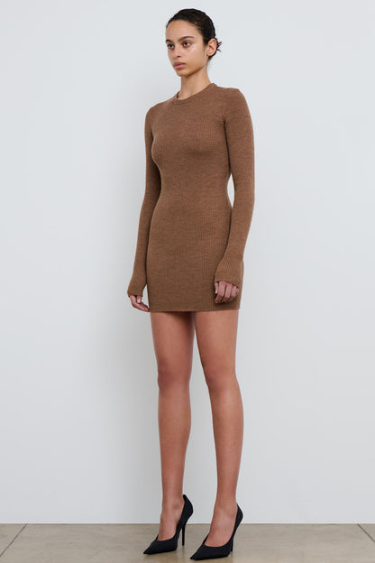 Brown Ribbed Long Sleeve Dress Mini