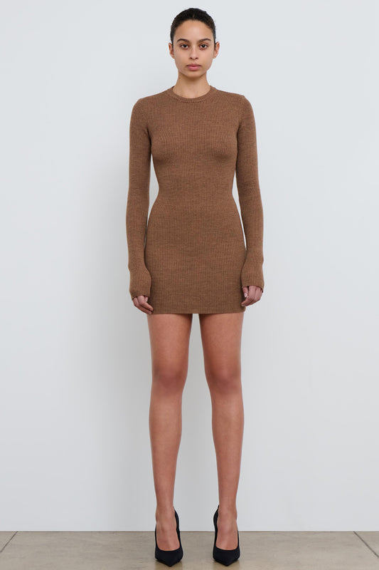 Brown Ribbed Long Sleeve Dress Mini