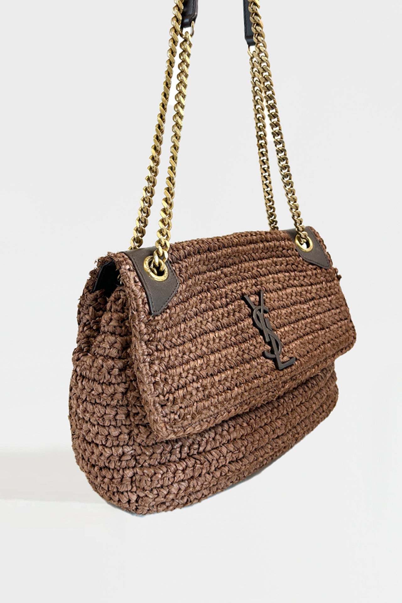 Niki Medium Leather-Trimmed Raffia Shoulder Bag