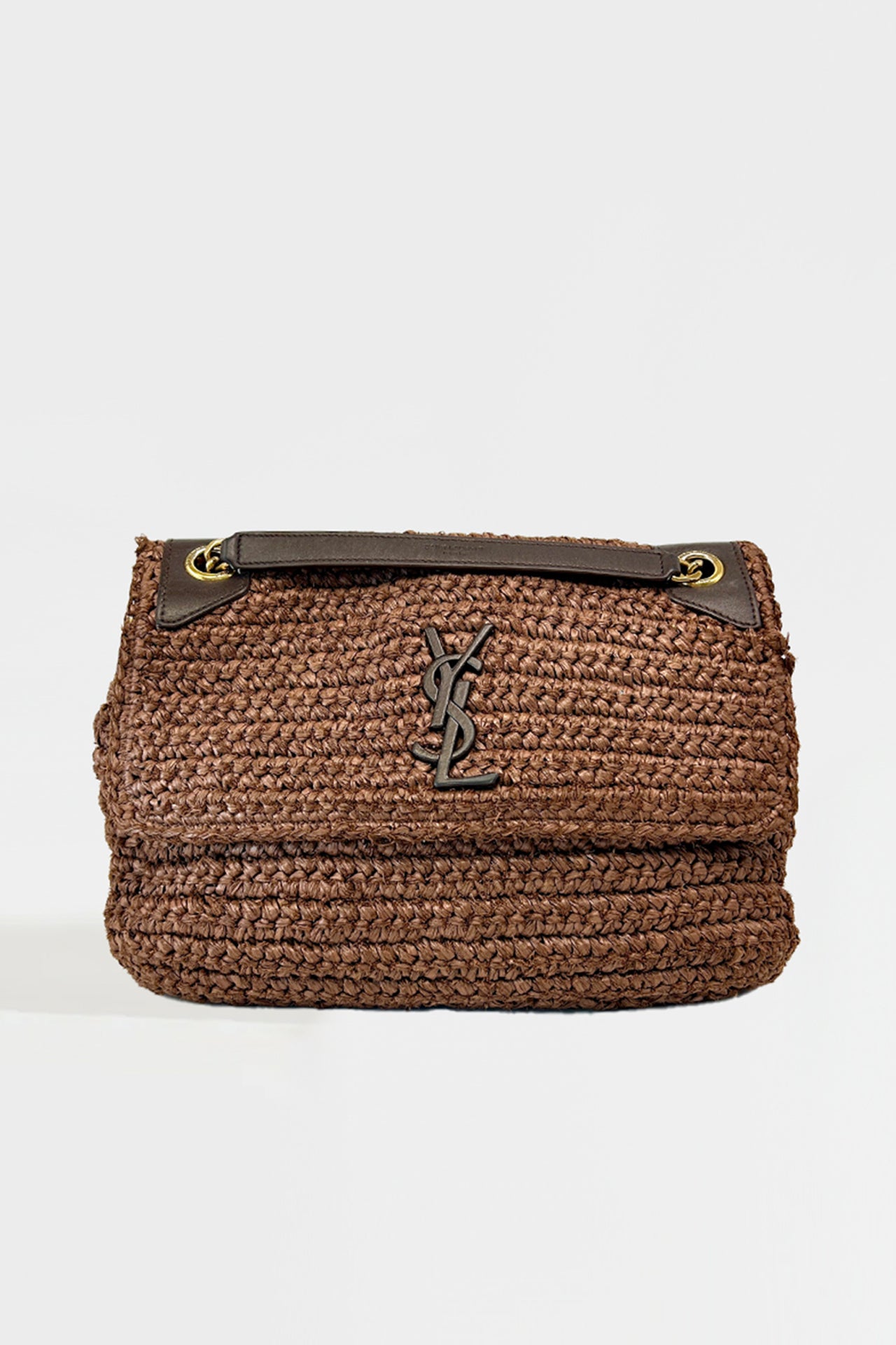 Niki Medium Leather-Trimmed Raffia Shoulder Bag