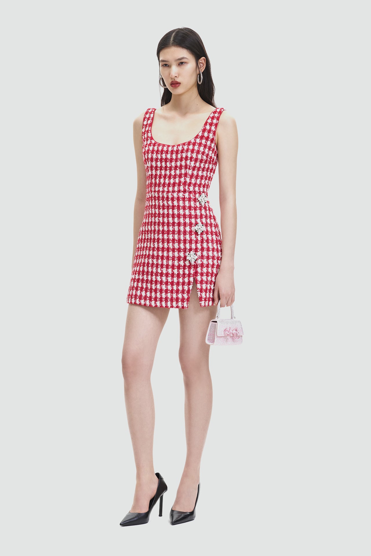 Red Check Boucle Mini Dress