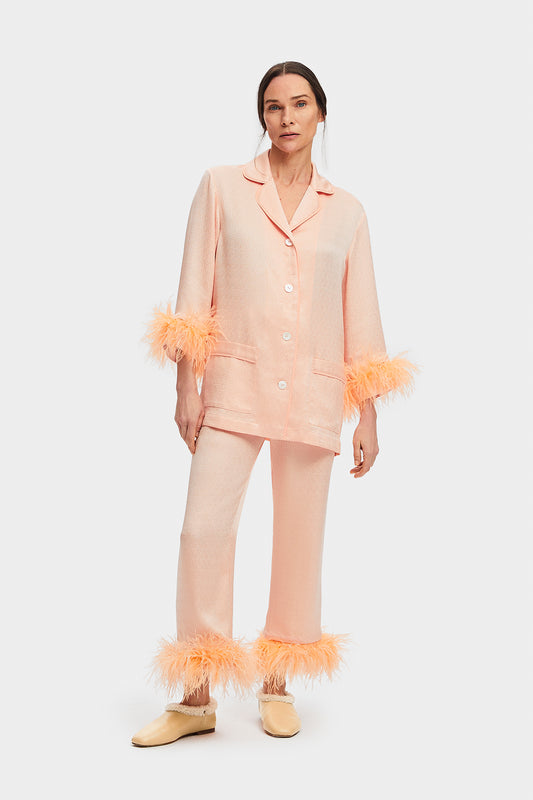 Peach Jacquard Party Pajamas Set With Detachable Feathers