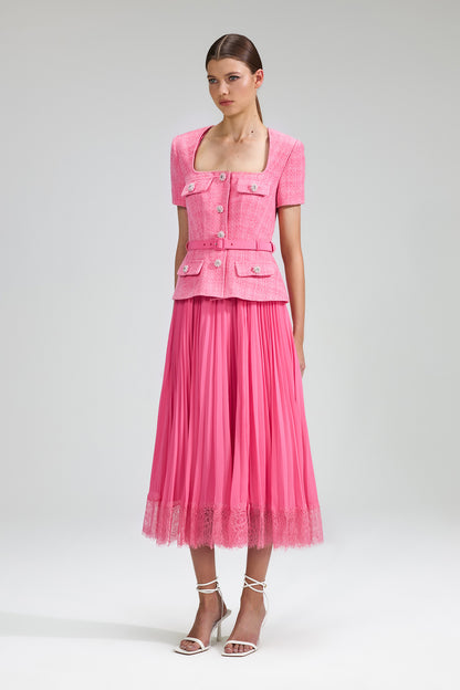 Pink Boucle Chiffon Midi Dress