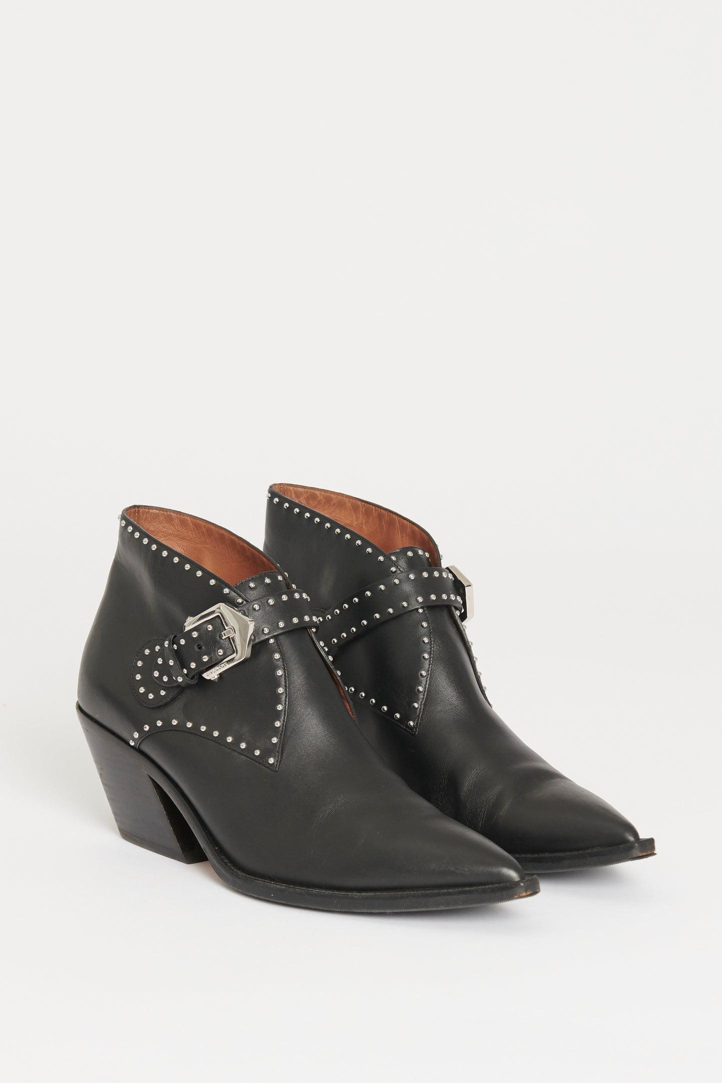 Black Leather Preowned Studded Ankle Boots