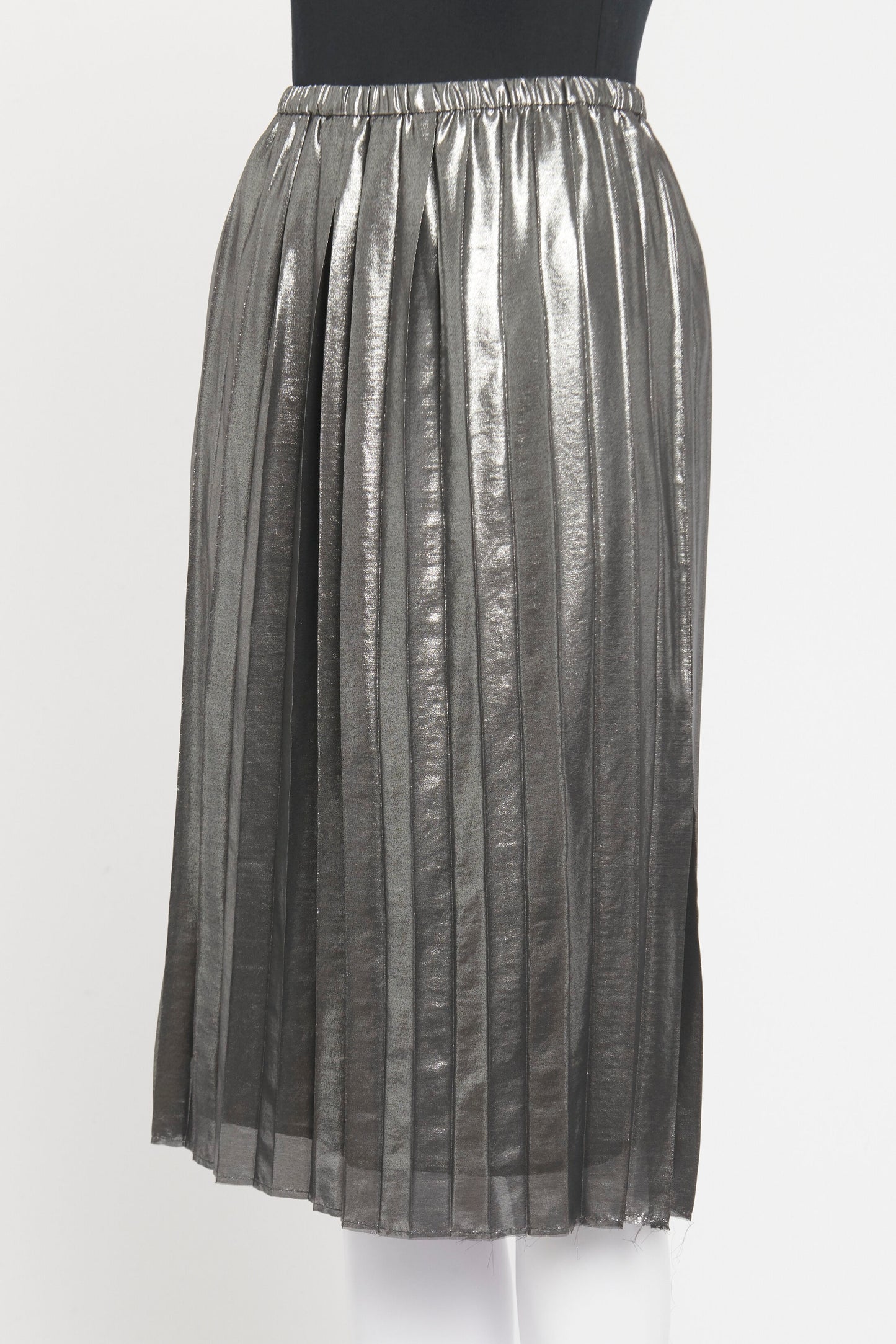 Silver Polyester Preowned Sunray Pleated Midi Skirt