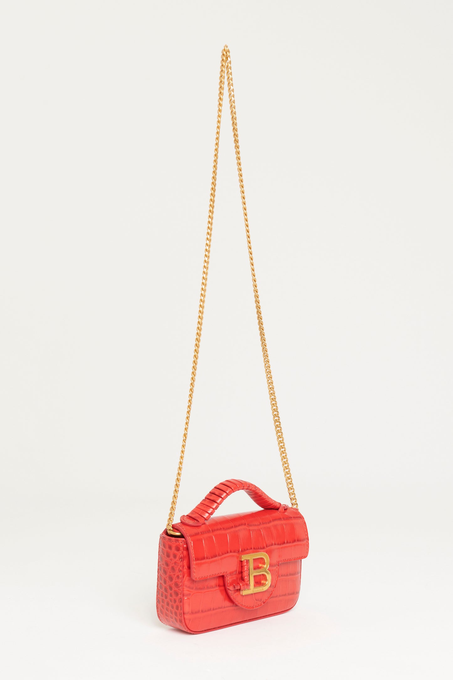 Red Leather Croc Embossed Preowned Mini B-Buzz Crossbody Bag