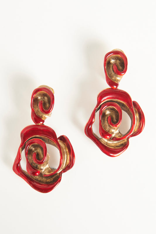 Red Enamel & Metal Preowned Rose Clip-On Earrings