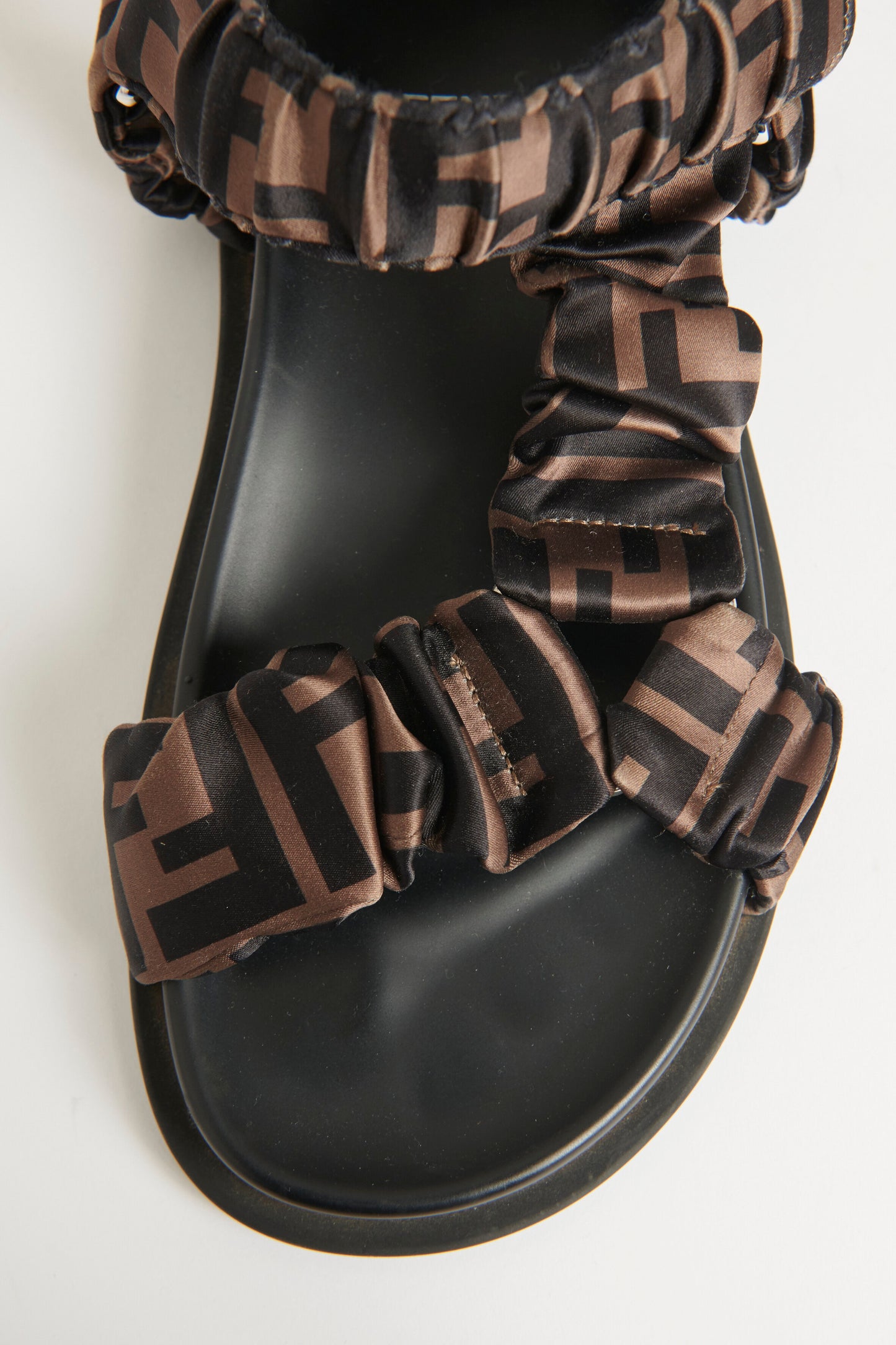 Black Satin Zucca Preowned Feel Velcro Flat Sandals