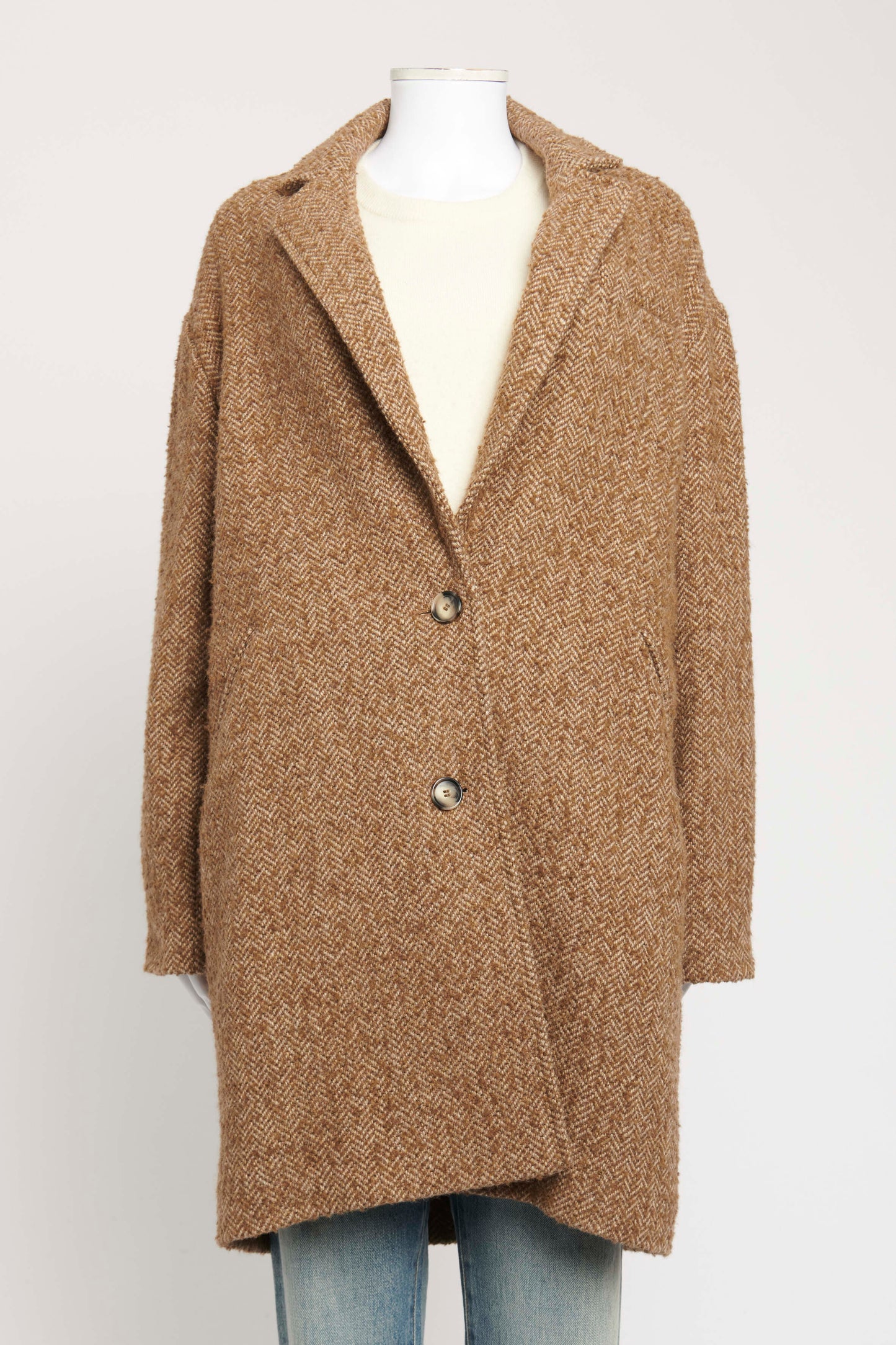 Brown Single Breasted Wool Blend Herringbone Preowned Coat