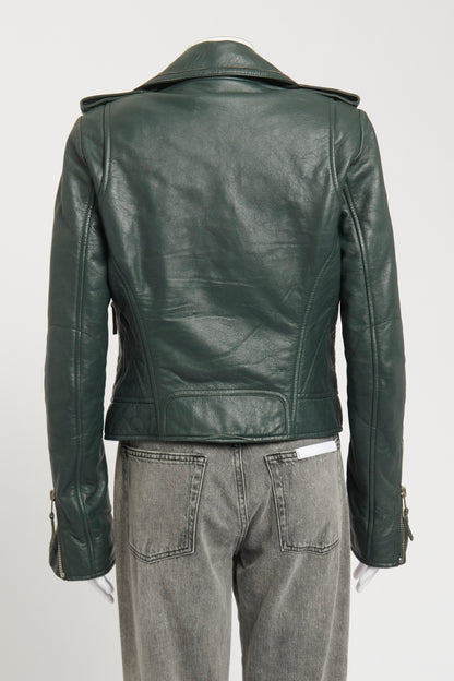 Dark Green Leather Preowned Biker Jacket