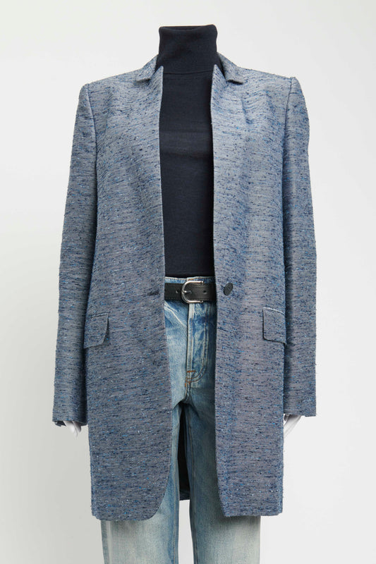 Blue Boucle Rayon Blend Tailored Preowned Coat