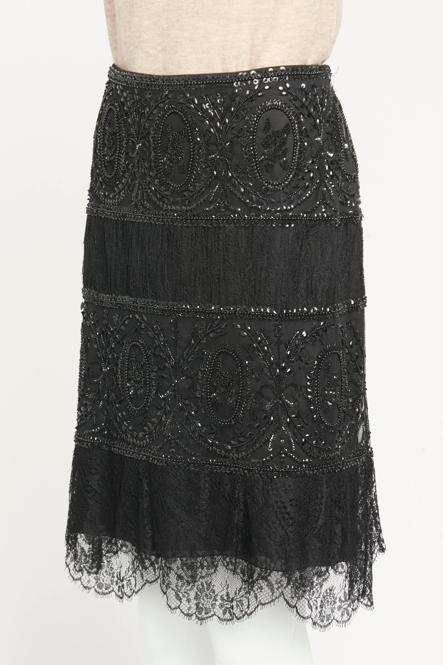 2000 Black Tulle Preowned Embellished Lace Knee Length Skirt
