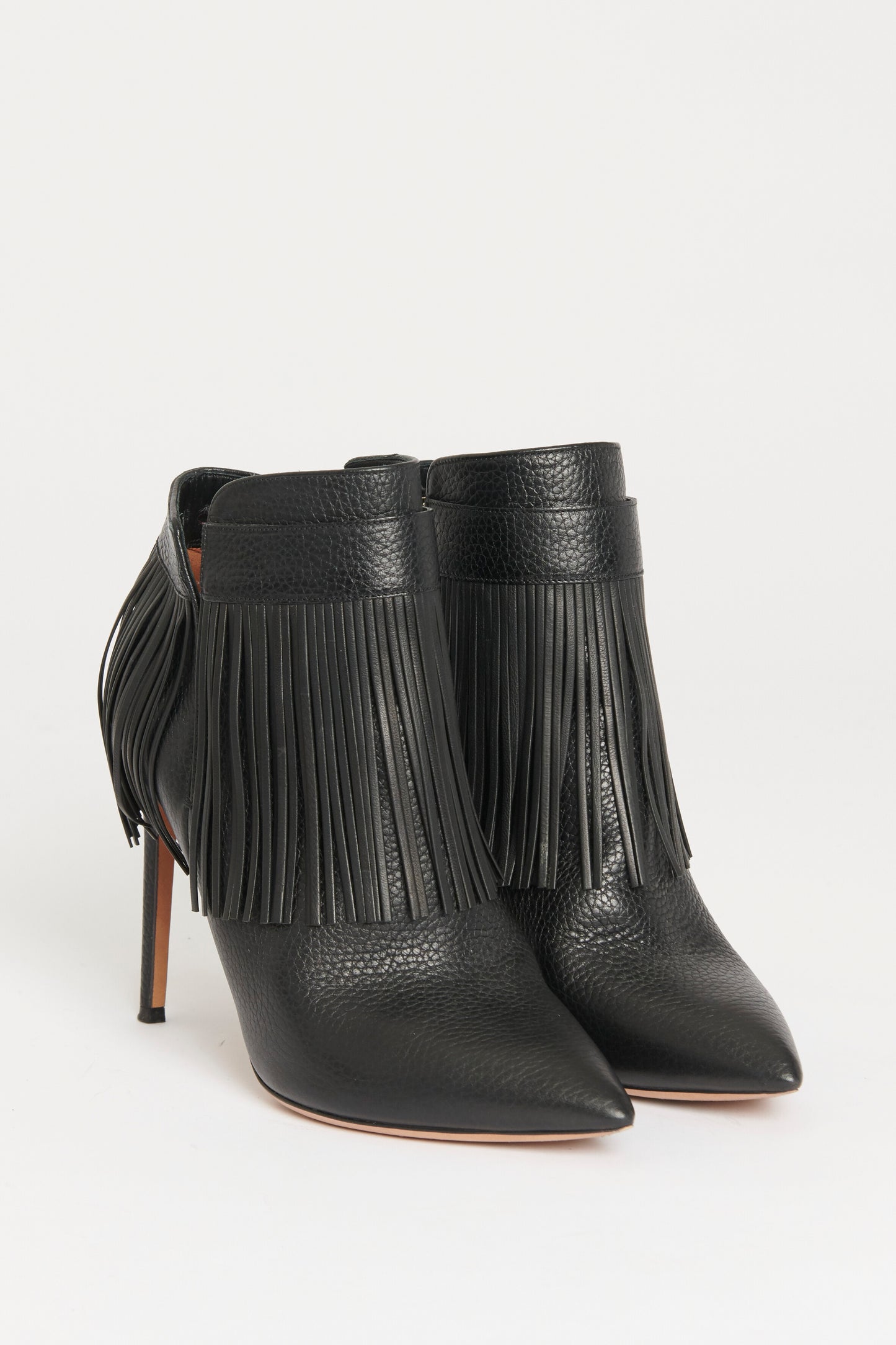 Black Leather Preowned Fringed Ankle Boots