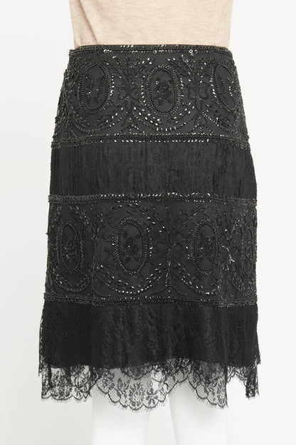 2000 Black Tulle Preowned Embellished Lace Knee Length Skirt