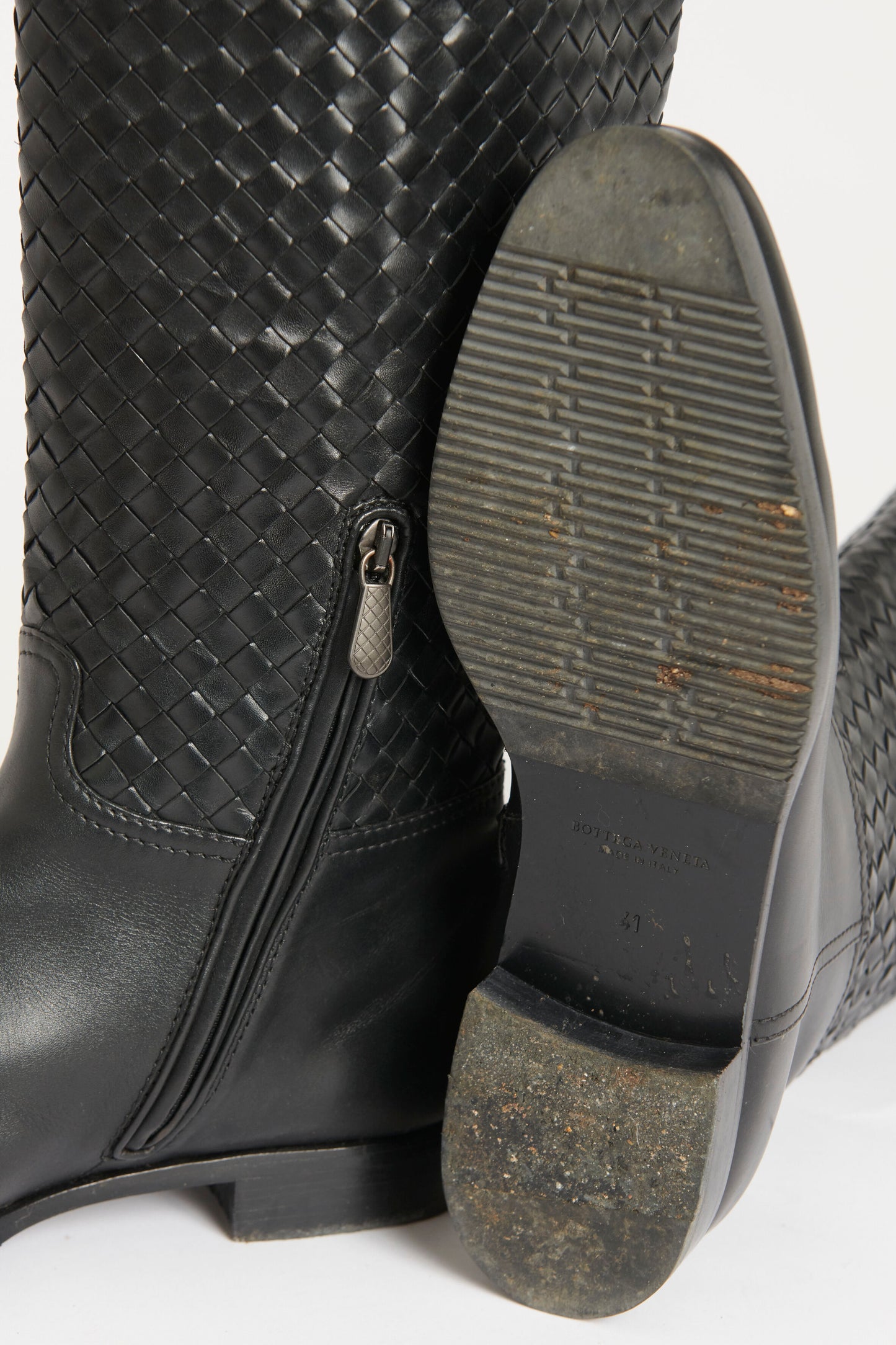 Black Leather Preowned Intrecciato Calf Boots