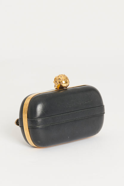 Black Leather Preowned Buckle Skull Box Clutch