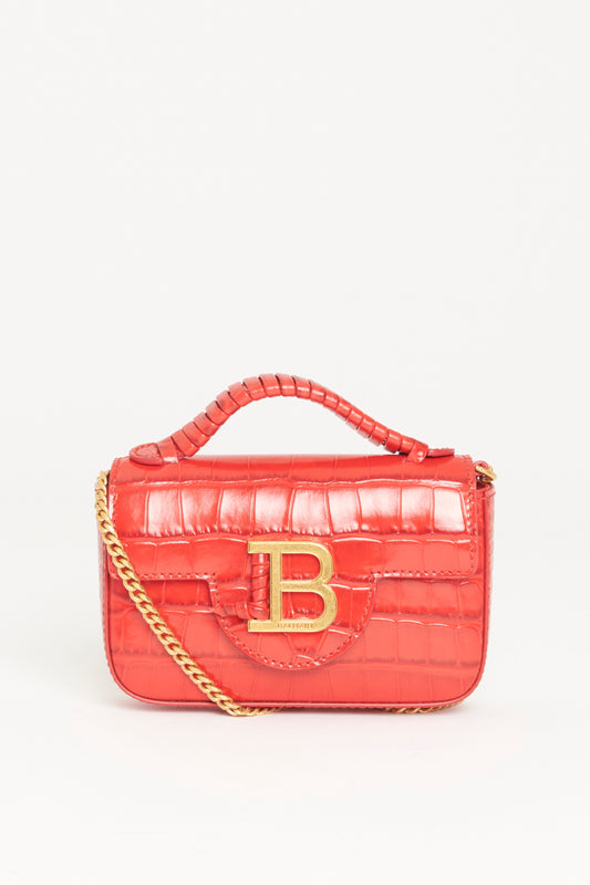 Red Leather Croc Embossed Preowned Mini B-Buzz Crossbody Bag