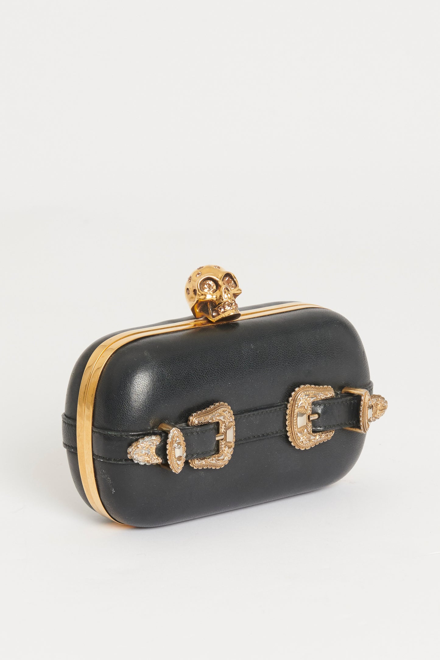 Black Leather Preowned Buckle Skull Box Clutch