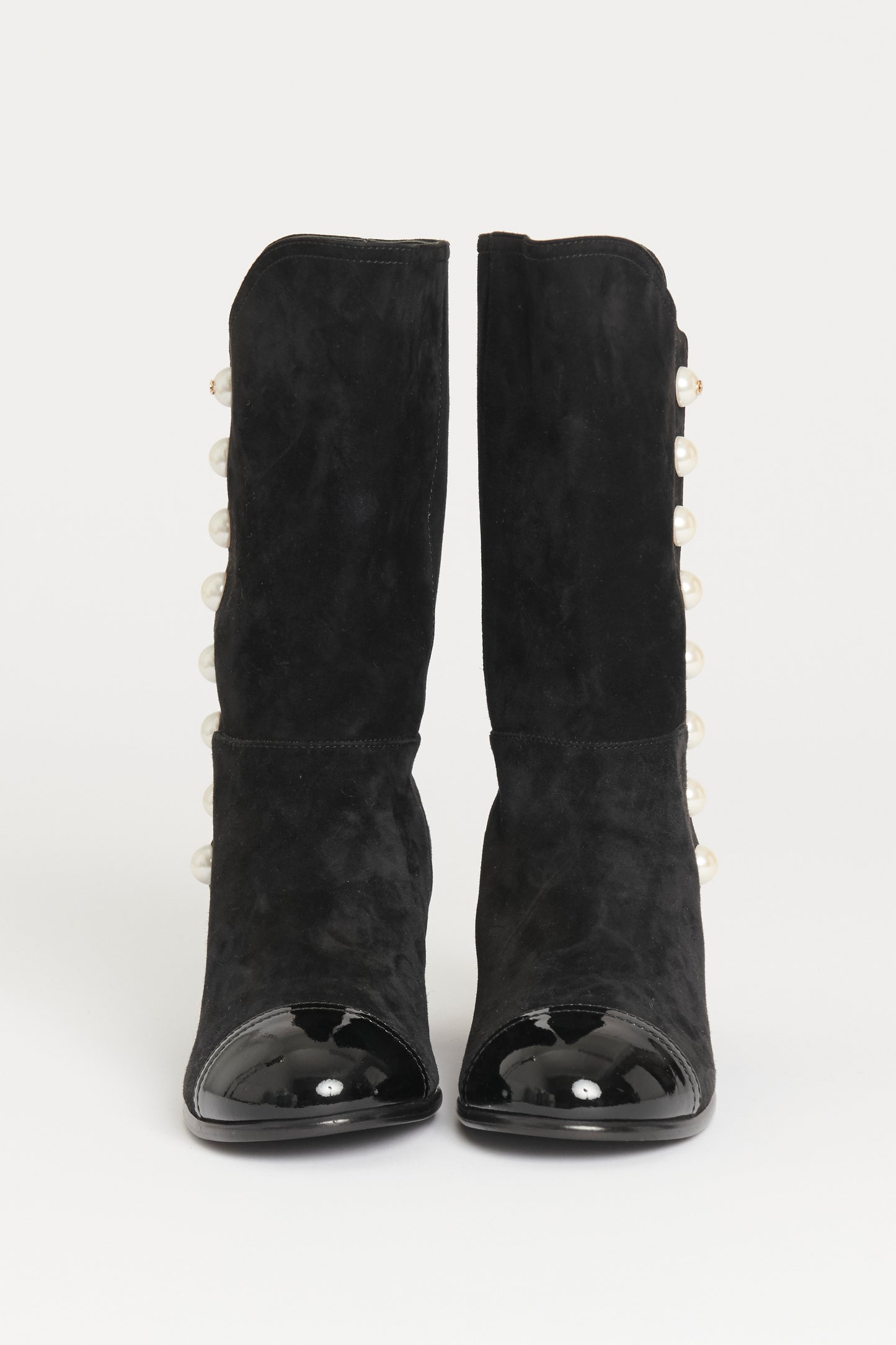Black Suede Preowned Button Up Pearl Boots