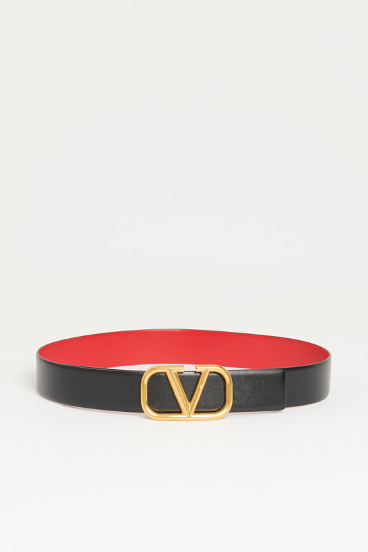 Black Leather Preowned Reversible V-Logo Belt