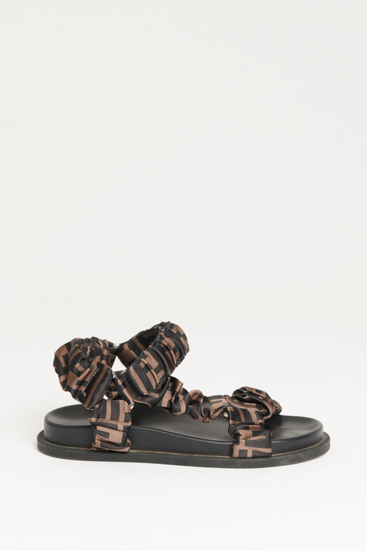 Black Satin Zucca Preowned Feel Velcro Flat Sandals