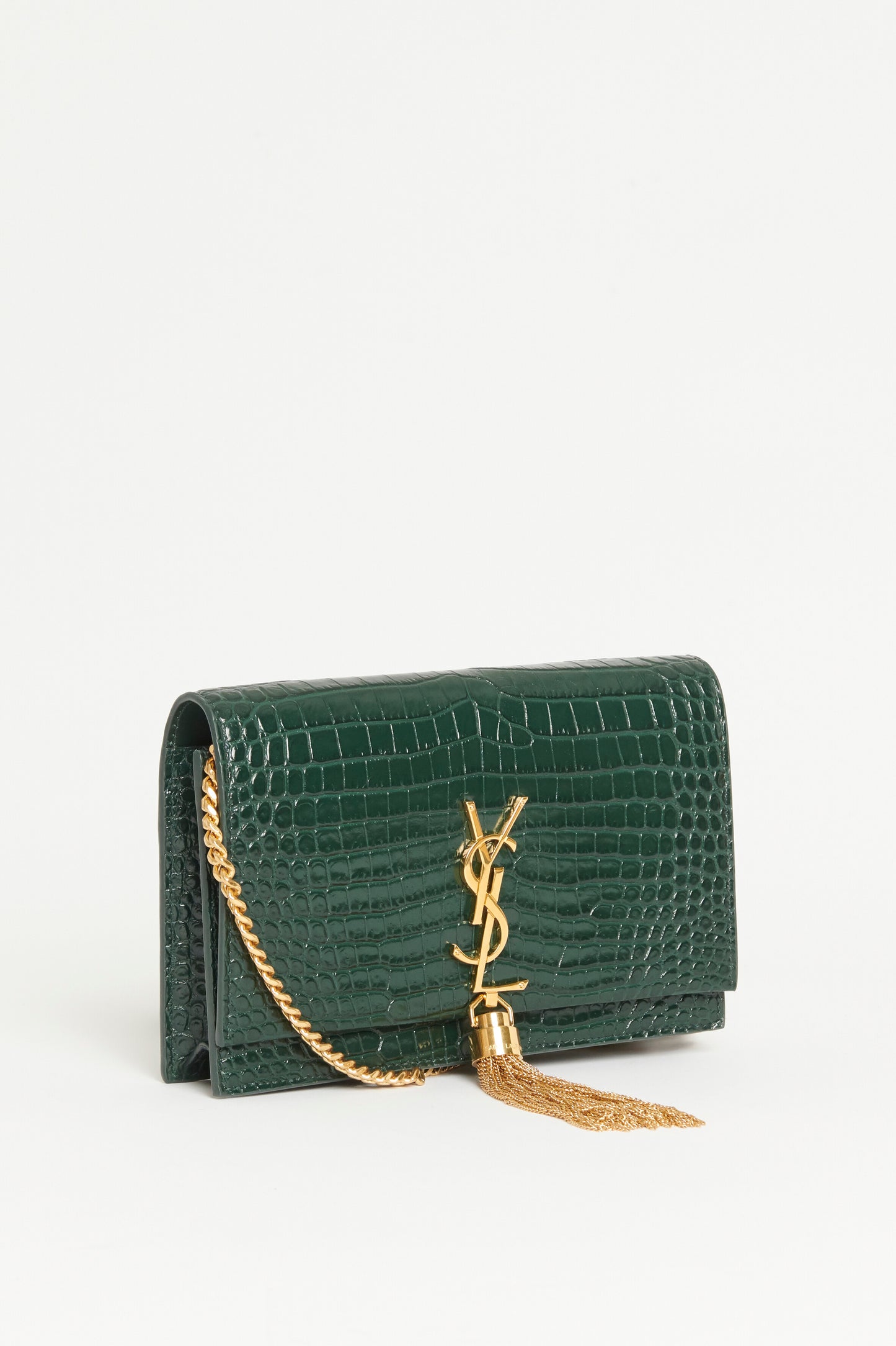 2019 Forest Green Croc Embossed Leather Preowned Small Kate Wallet On Chain Crossbody Bag