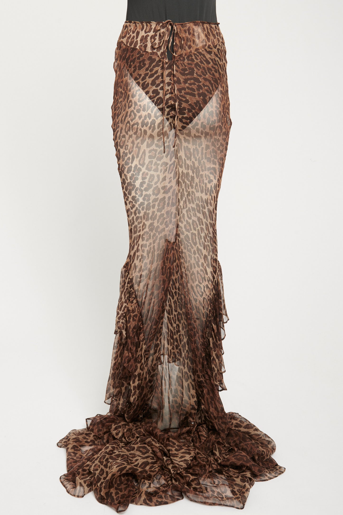 1997 Brown Silk Preowned Leopard Tiered Fishtail Maxi Skirt
