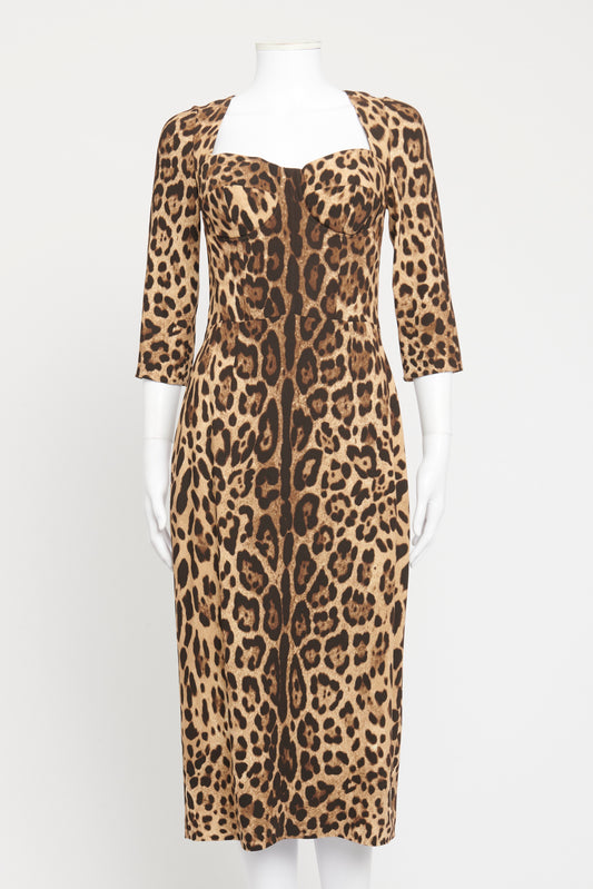 Brown Leopard Viscose Blend Preowned Midi Dress