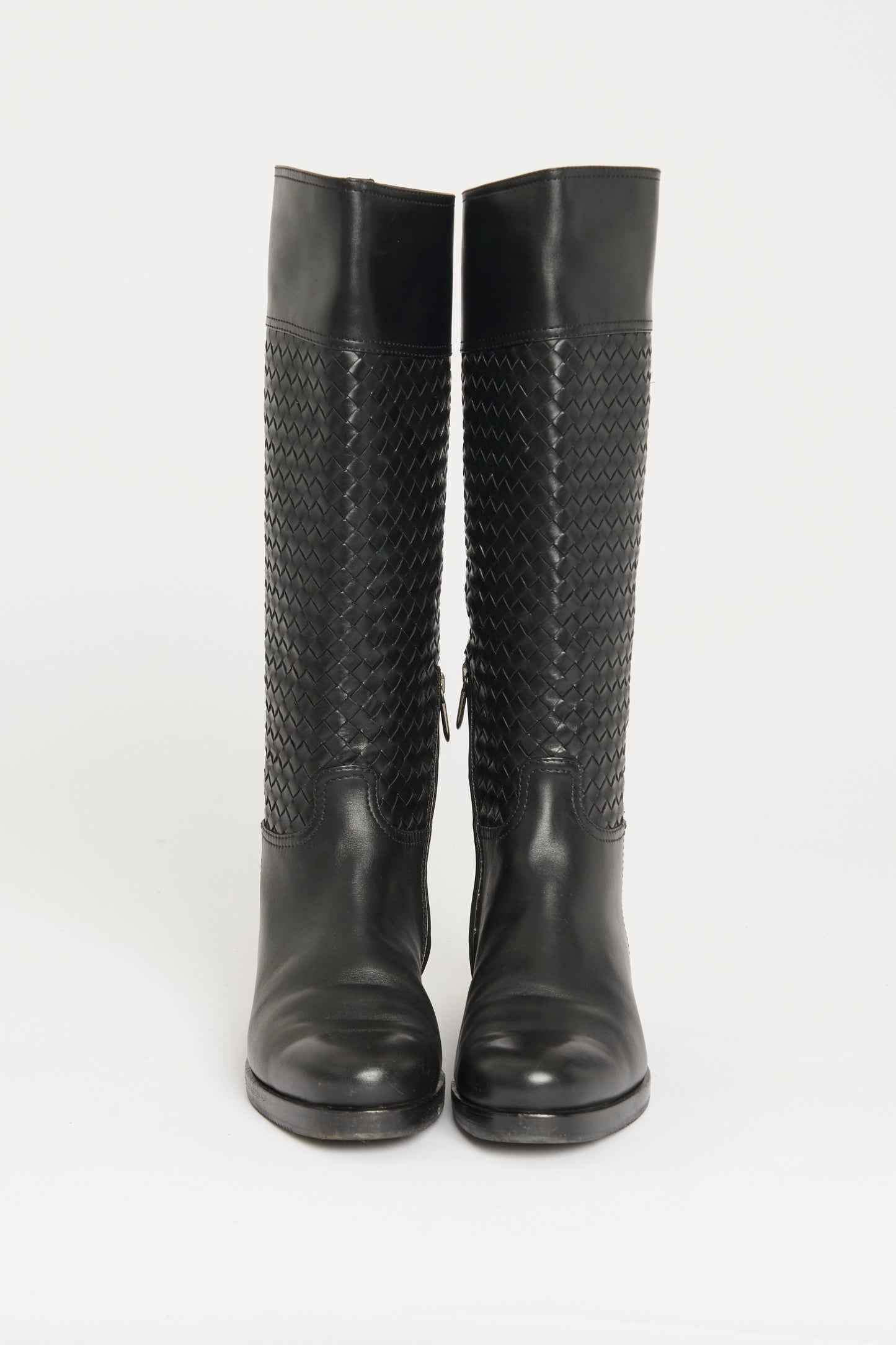 Black Leather Preowned Intrecciato Calf Boots