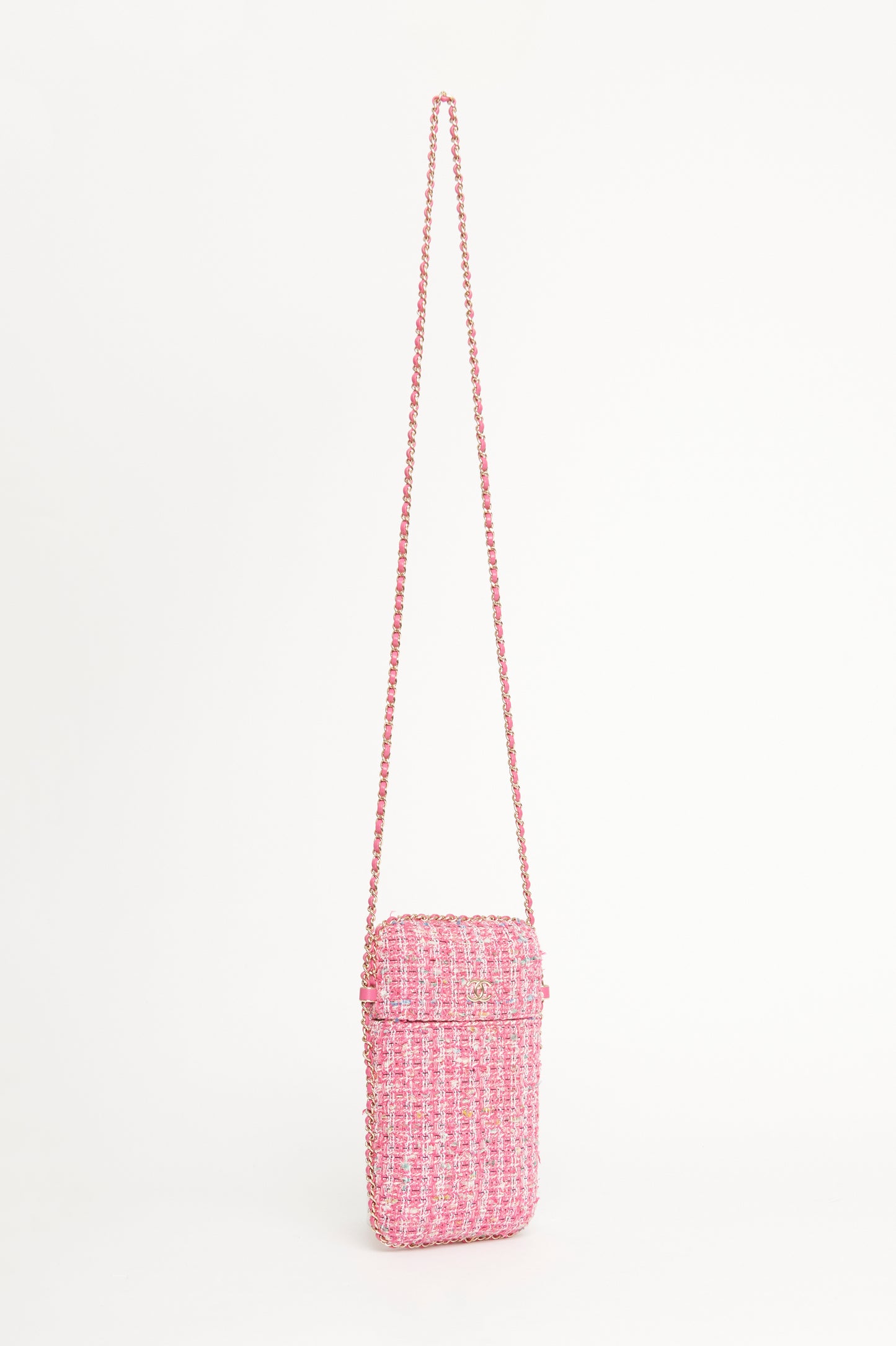 2019 Pink Tweed Chain Around Phone Holder Preowned Crossbody Bag