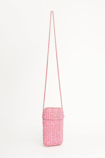 2019 Pink Tweed Chain Around Phone Holder Preowned Crossbody Bag