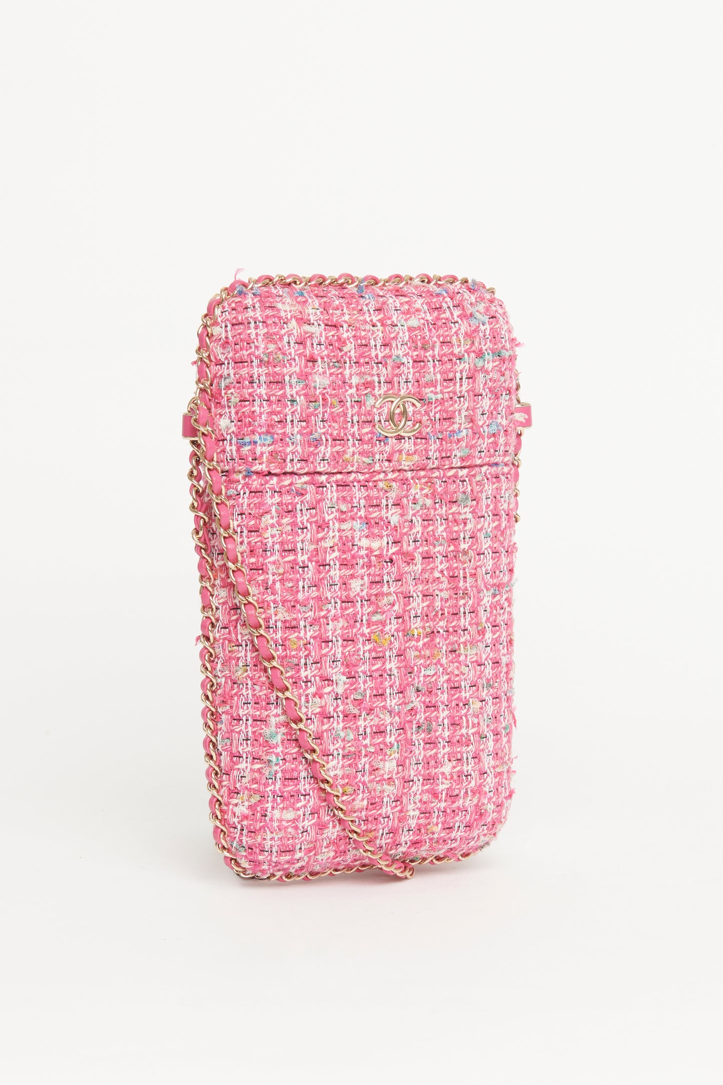 2019 Pink Tweed Chain Around Phone Holder Preowned Crossbody Bag