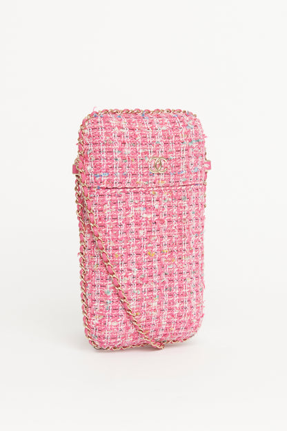 2019 Pink Tweed Chain Around Phone Holder Preowned Crossbody Bag