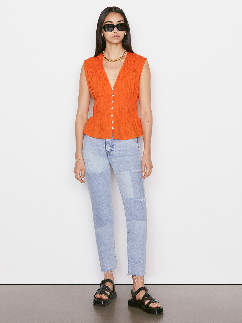 Ruched V-Neck Sleeveless Blouse