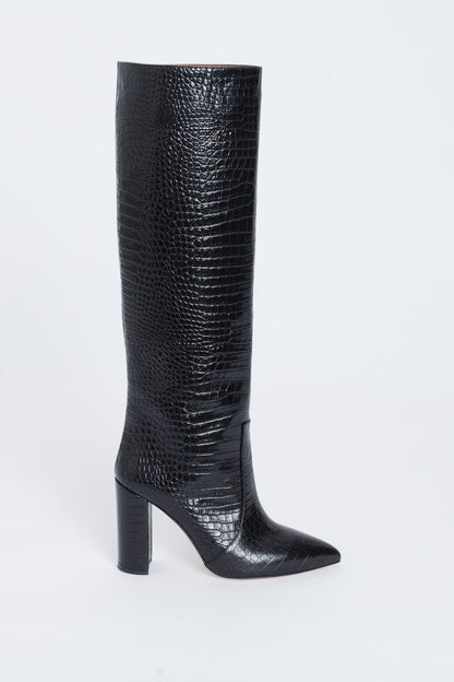 Black Leather Crocodile Embossed Pointed Knee High Boots