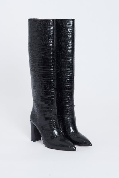 Black Leather Crocodile Embossed Pointed Knee High Boots