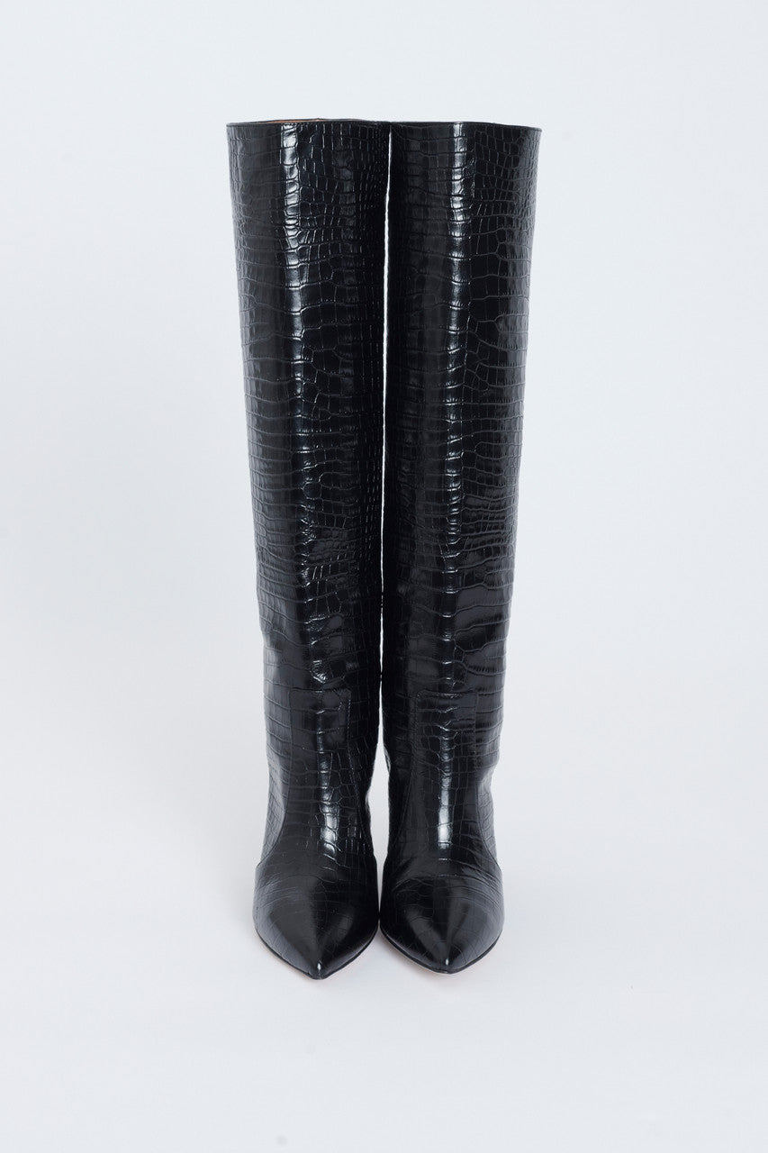 Black Leather Crocodile Embossed Pointed Knee High Boots